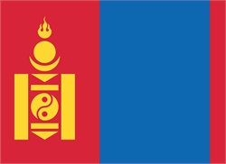 [ai] The national flag of Mongolia, featuring vertical stripes of red and blue. The left side has a yellow emblem with a flame and circular motifs, while the right side is solid blue.